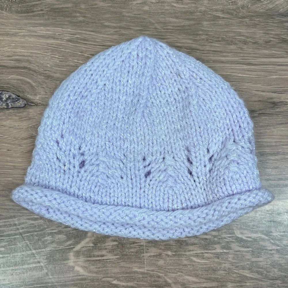 Knit Hat and Booties Set Kids 0-3M Purple Pink Pointelle Shimmer